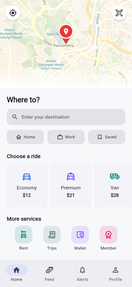 Ride-hailing home screen